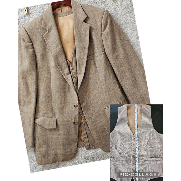 VINTAGE Botany 500 Suit Jacket & Vest Brown Plaid Tweed Blazer Sport Coat 42 42L - Picture 1 of 16